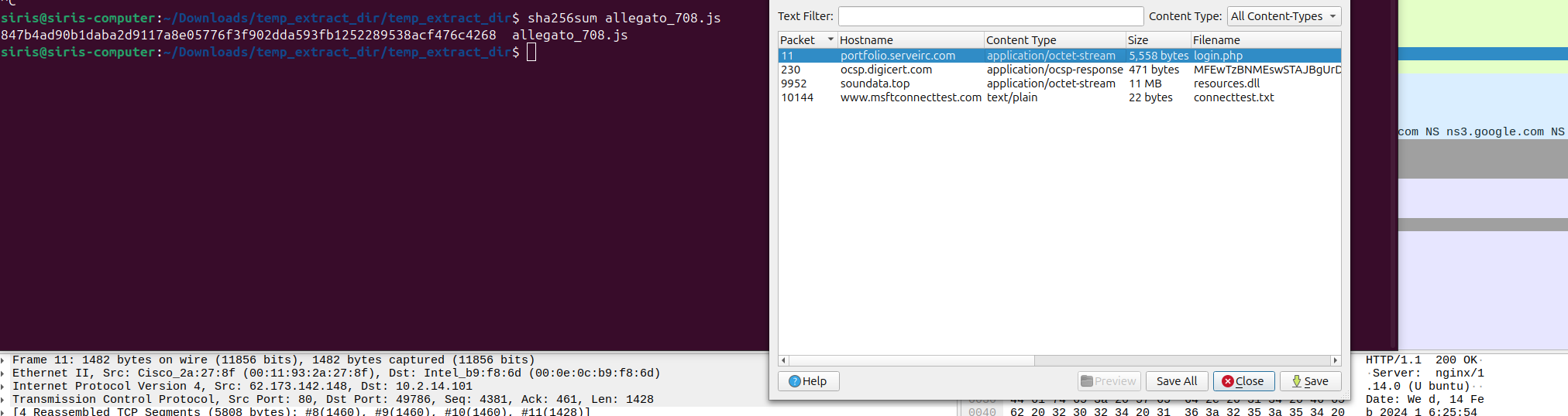 Exporting file from Wireshark for hashing